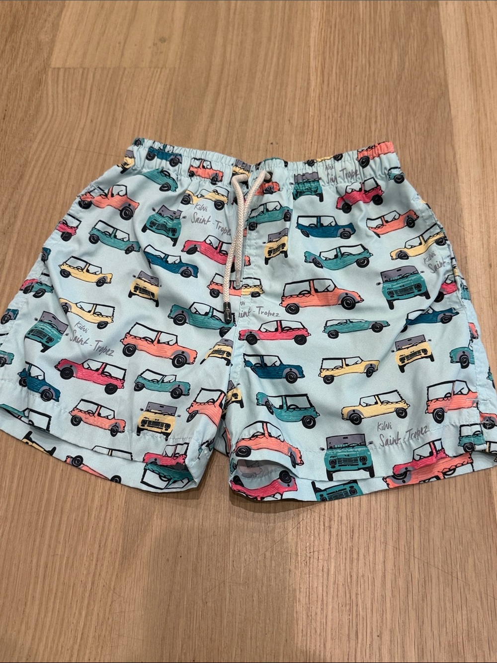 Kiwi Light Blue Boys Swim Shorts with Colorful Car Pattern